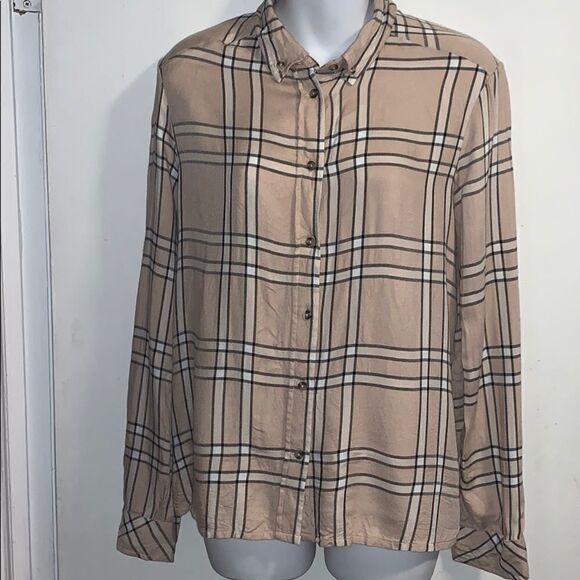 STRADIVARIUS Beige and White Check Blouse-M - Picture 3 of 7